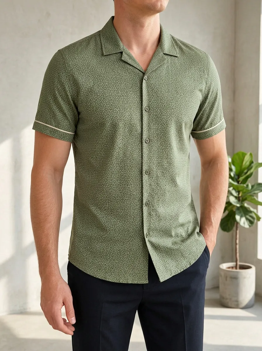 Men's Casual Olive Green Micro-Dot Printed Slim Fit Shirt