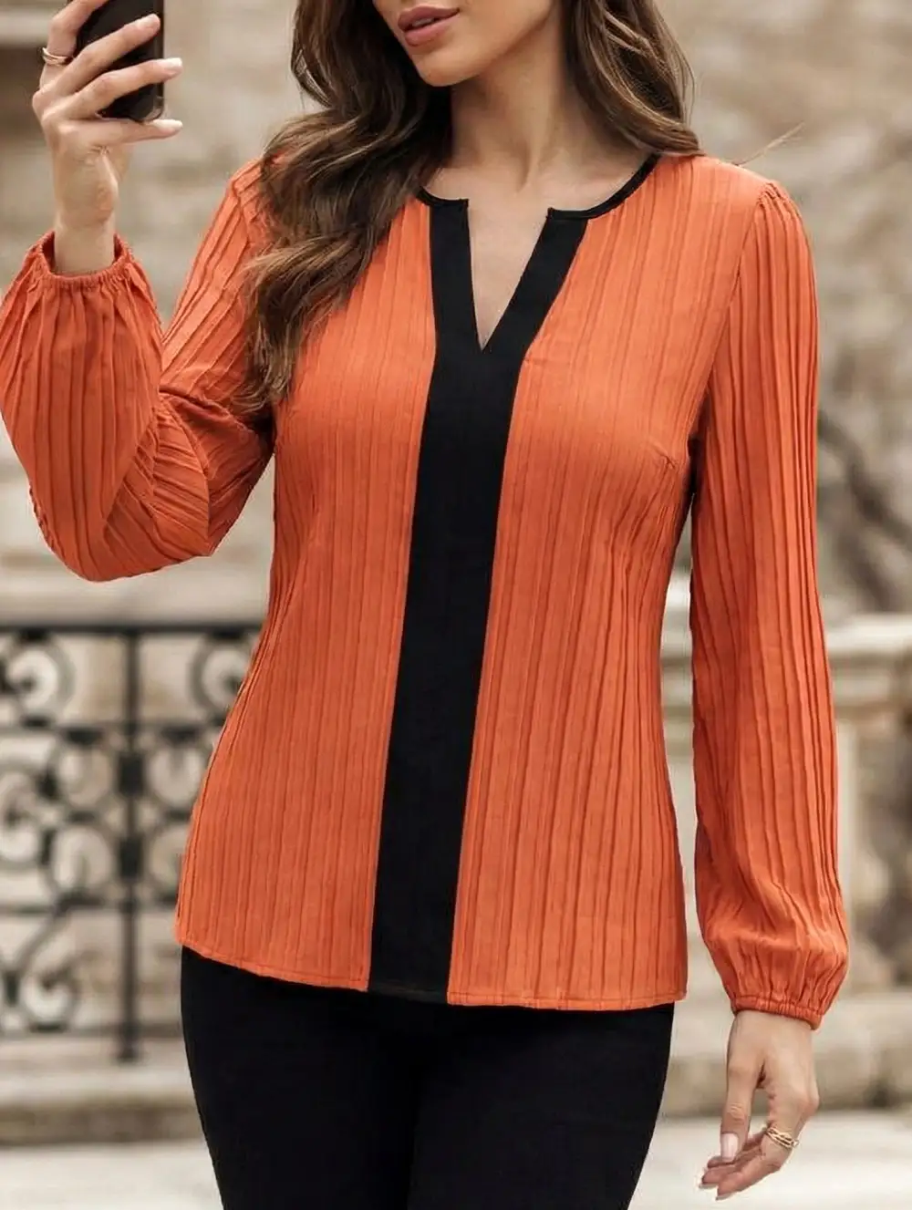 Panel V Neck Puff Sleeve Blouse Tee