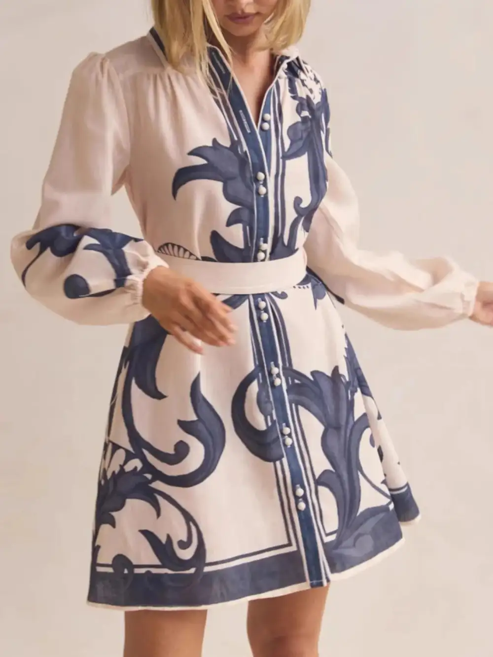 Smooth Finish Printed Long Sleeve Shirt Dress