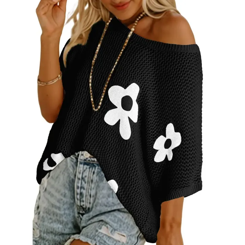 Women's Floral Short-Sleeve Crochet Top