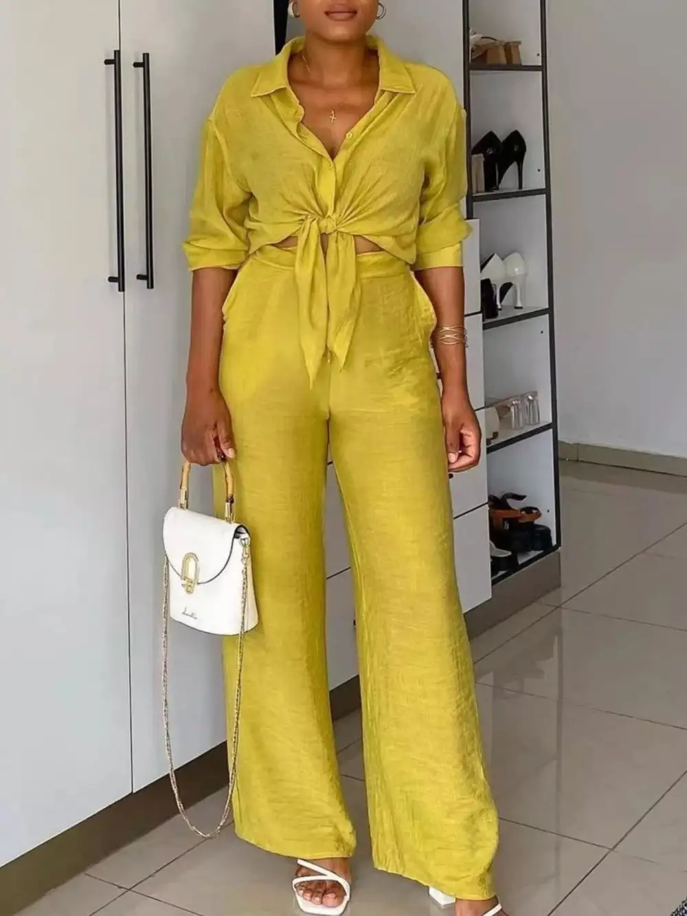 Tie-front Top and Wide Leg Pants Set