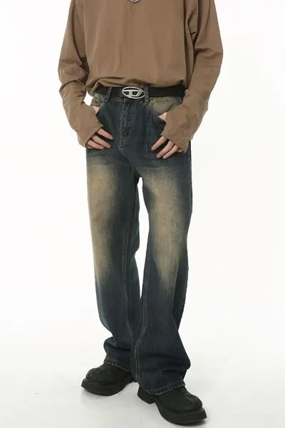 Tailored Mid-Rise Washed Pocketed Stretch Straight Leg Jeans