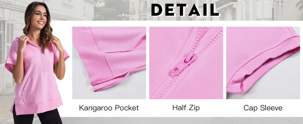 Women's Oversized Half Zip Short Sleeve Hoodie with Pockets