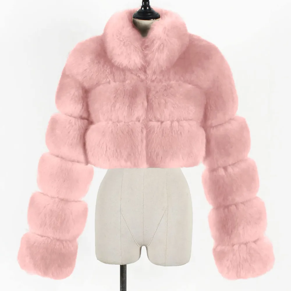 X1-Pink Faux Fur Coat Women with Hood Cropped Bubble Coats Fleece Short Warm Jackets Plus Size Winter Coats for Women