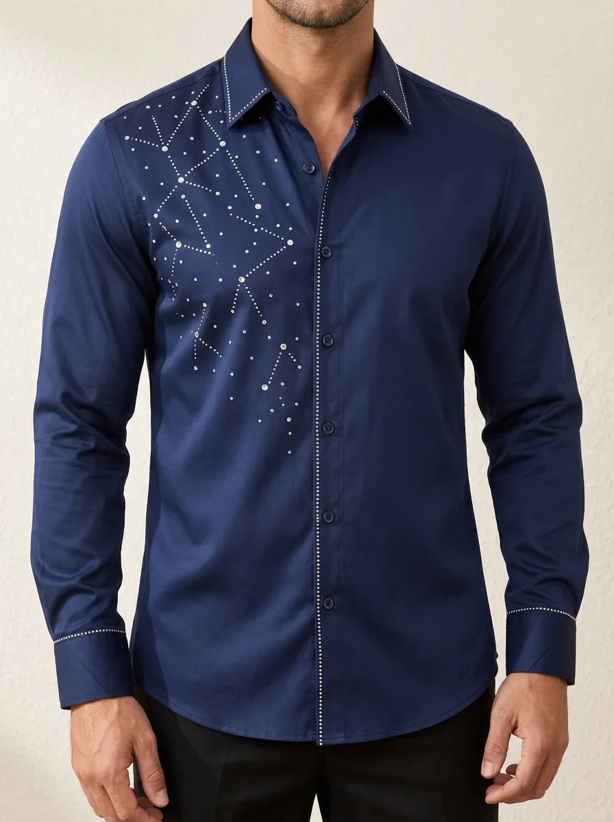 Navy Angular Pattern Shirt with Crystal Embellishment
