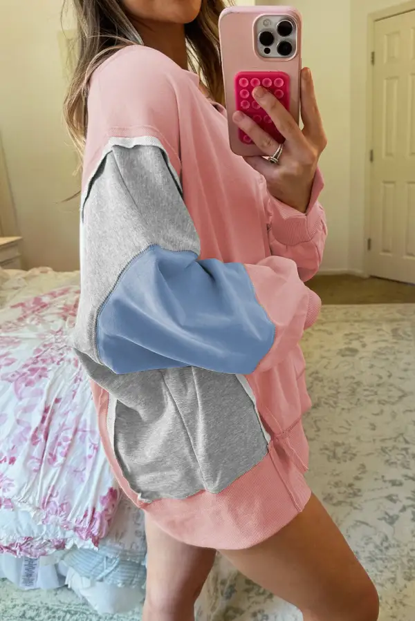 Relaxed Patchwork Exposed Seam Side Slit Sweatshirt