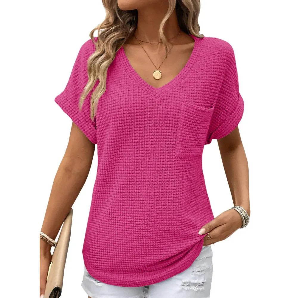Women's Waffle Knit V-Neck Casual Summer Top
