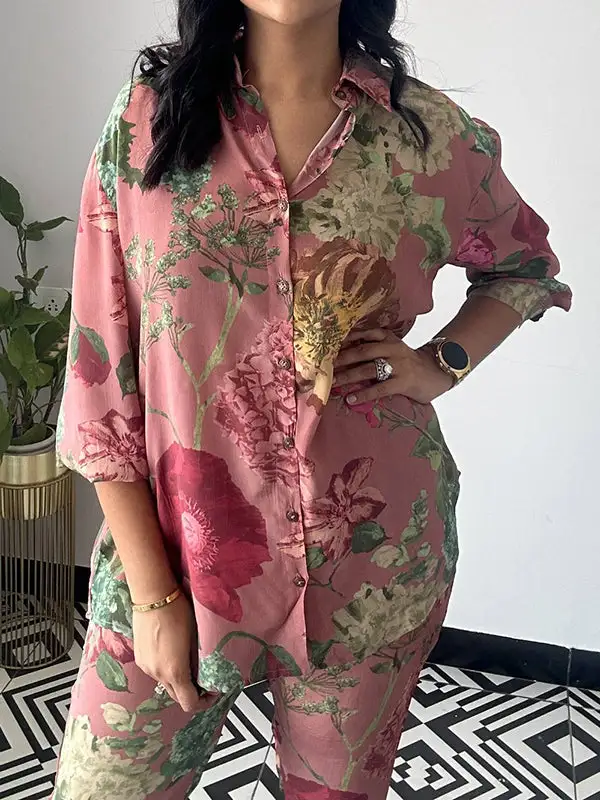 Long Sleeve Buttoned Floral Print Blouse And Pants Set