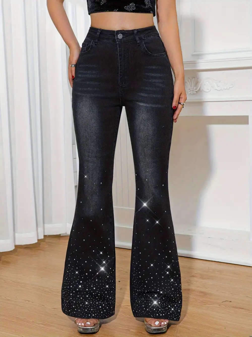 Flare Leg Rhinestone Denim Jeans