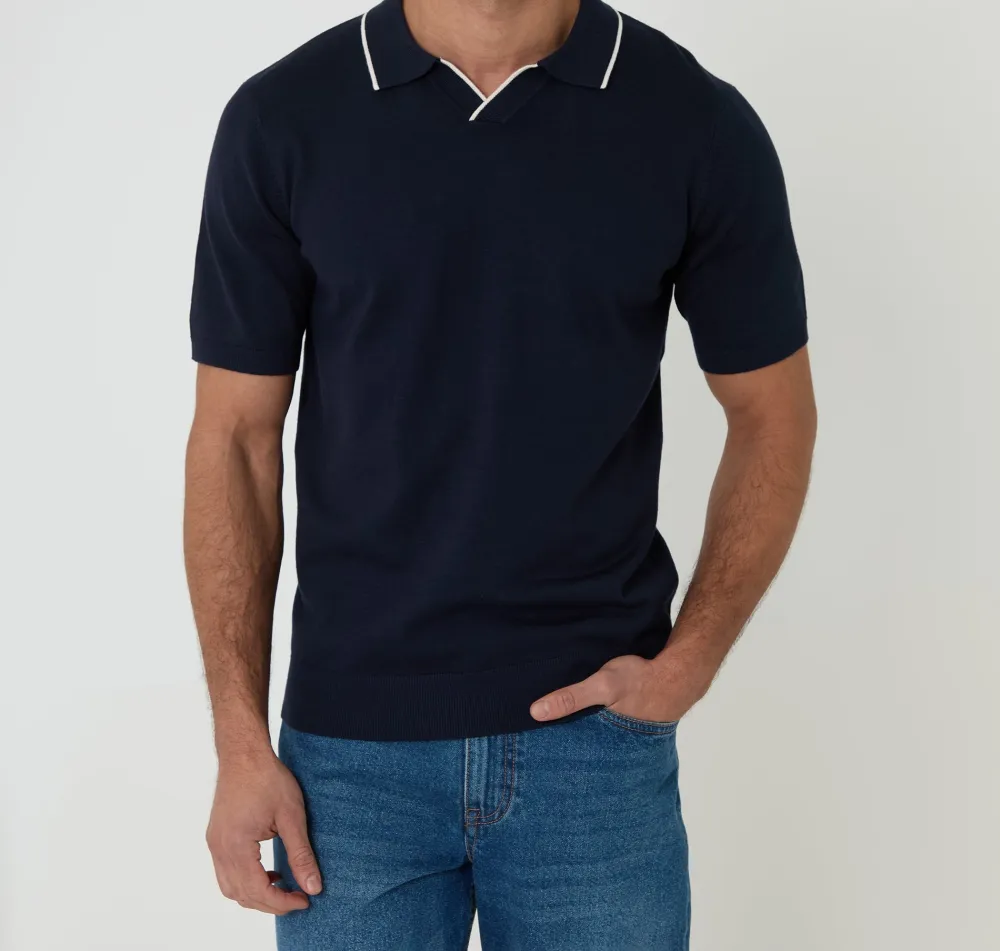 Men's Navy Knitted Contrast Tipping Open-Collar Polo