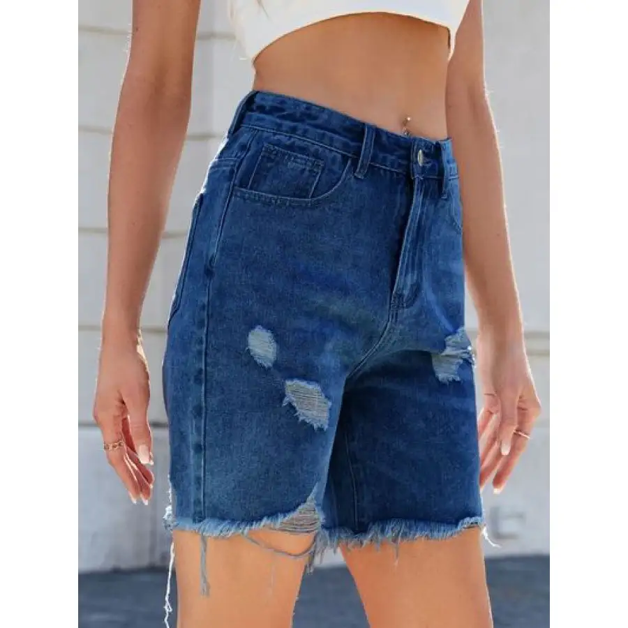Versatile Distressed Raw Hem Denim Shorts