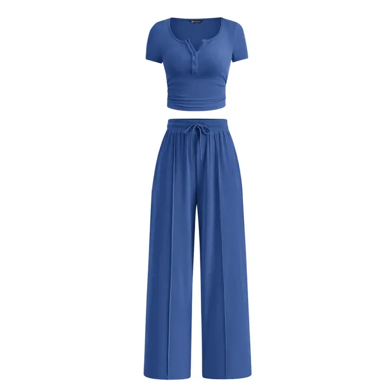 Women's two-piece summer ribbed knit button short-sleeve crop top and wide-leg pants