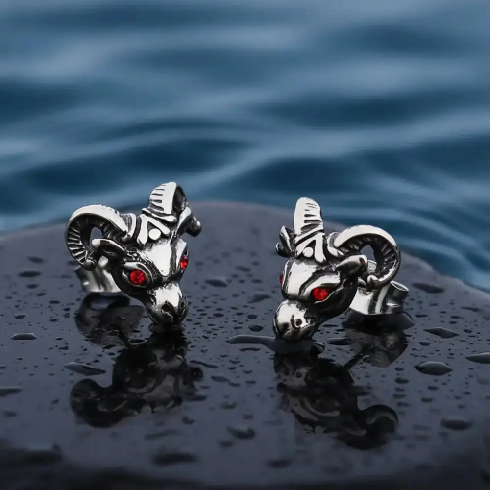 Men's Eye Goat Skull Stud Earrings