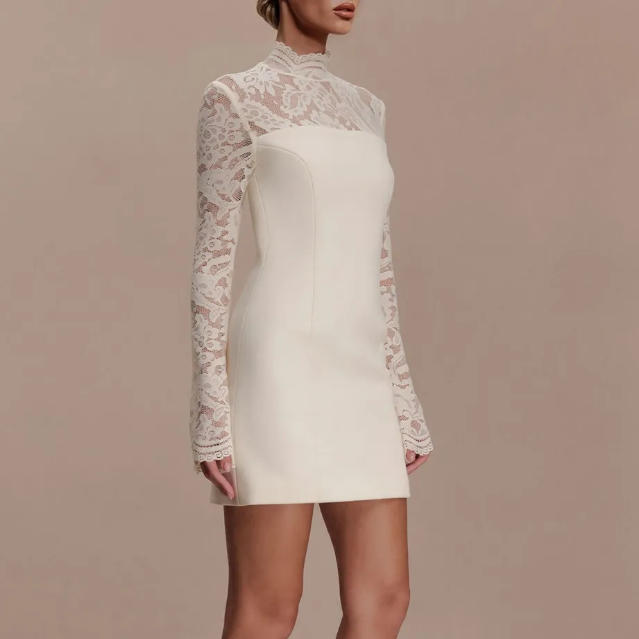 Sheer Lace High Neck Elegant Mini Dress
