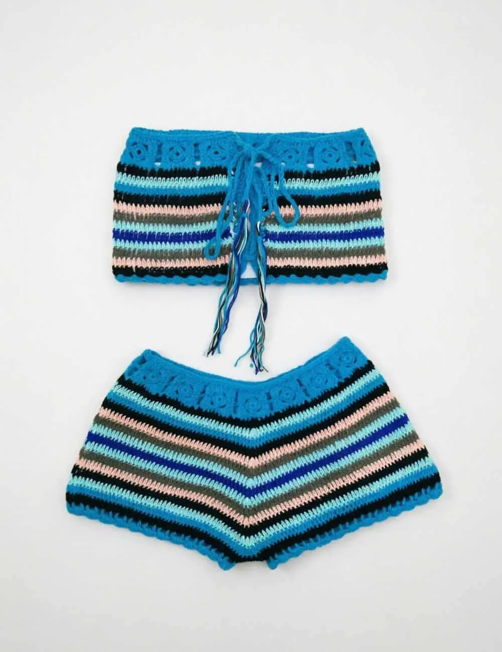 Rainbow Crochet Bandeau Bikini Set with Cover Up Shorts