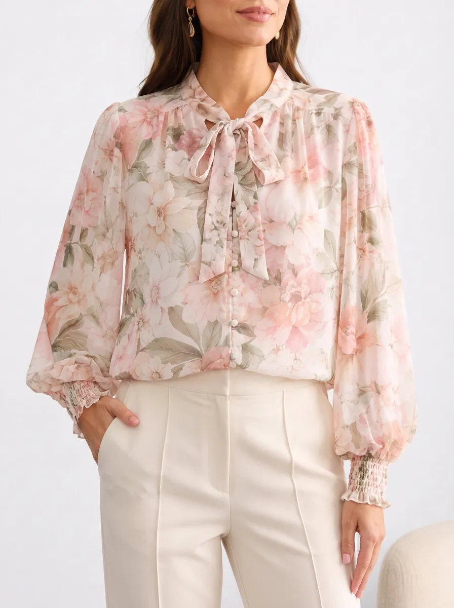 Women's Floral Print Tie Neck Blouse