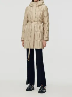 High Collar Hooded Goose Down Coat With Belt