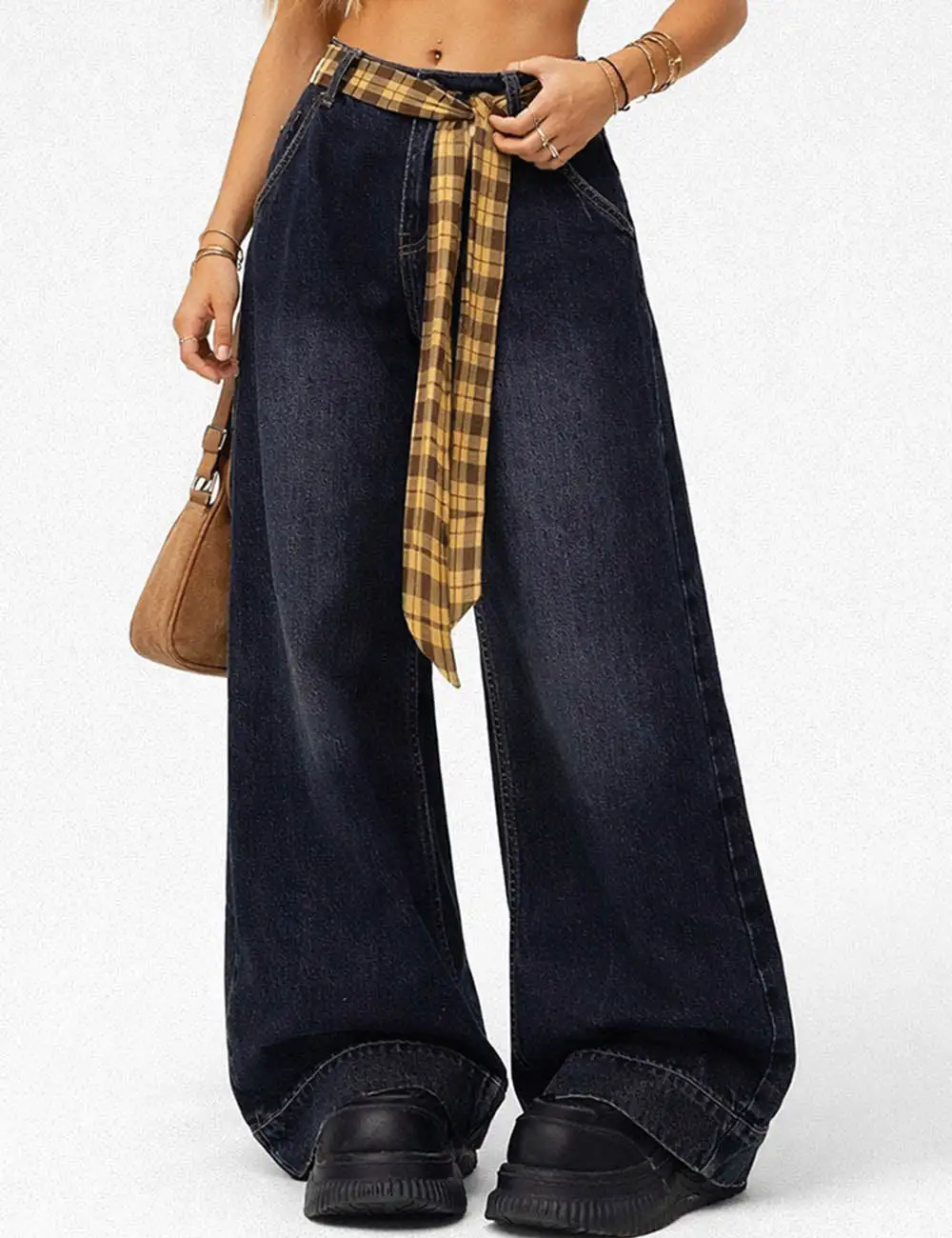 Vintage Checked Patch Belt Wide Leg Denim Pants