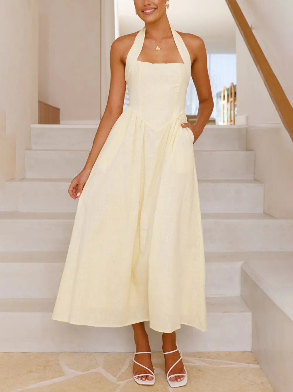 Halter Neck Waist Little Mid Length Midi Dress