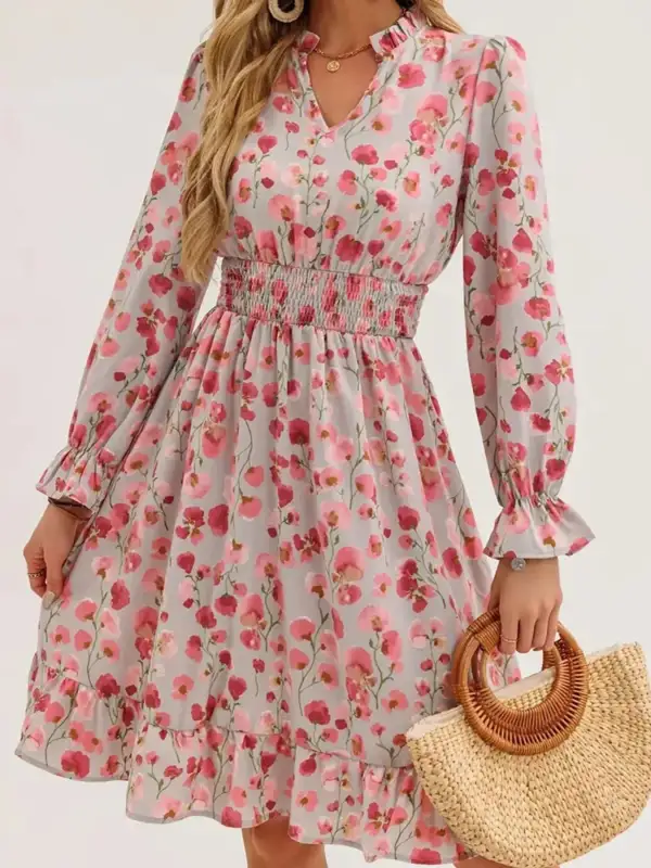 Layered Detail Floral Printed Ruffle Dress