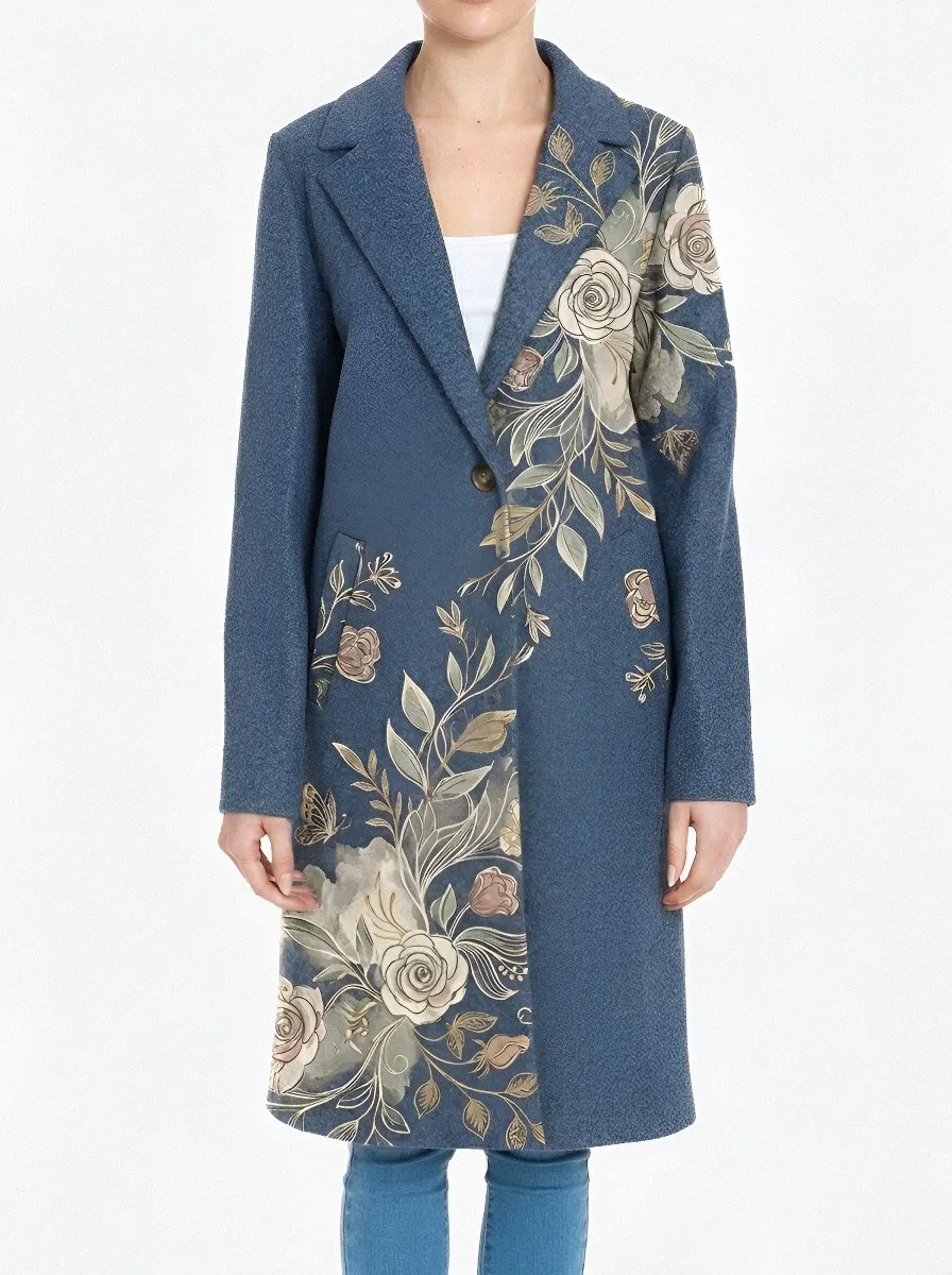 Women's Floral Art Vintage Rose Printed Wool Coat