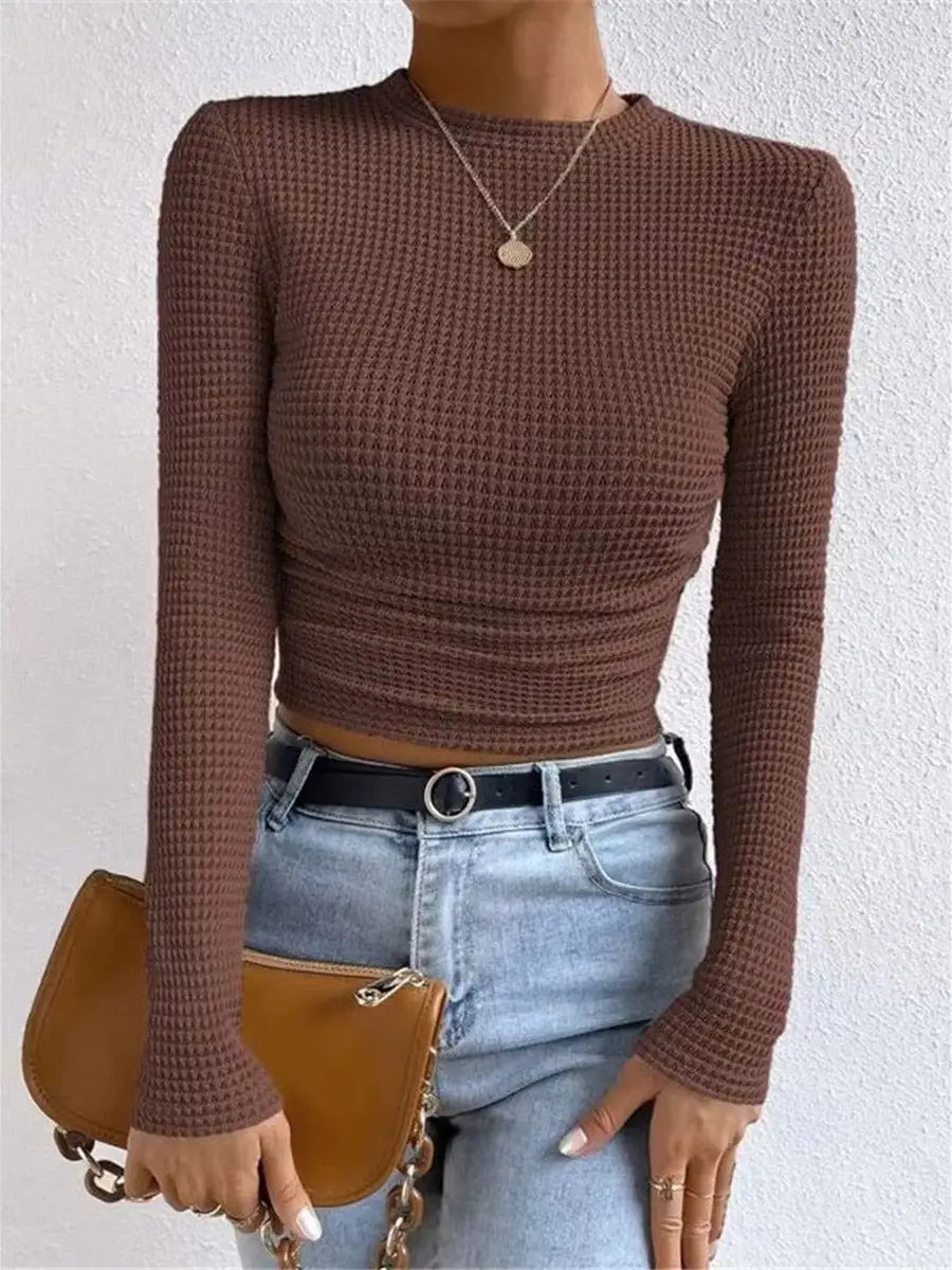 Long Sleeve Slim Fit Pleat Detail Panel Detail Textured Waffle Check Round Neck T-Shirt
