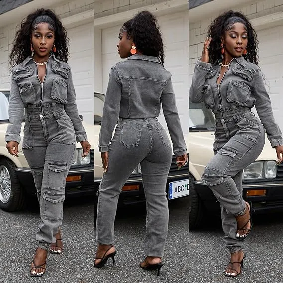 Two-Piece Women's Fashion Sexy High Elastic Multi-Pocket Washed Denim Casual Set