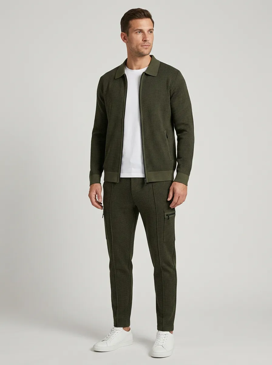 Men's Functional Houndstooth Polo Collar Jacket and Jogger Pants Set