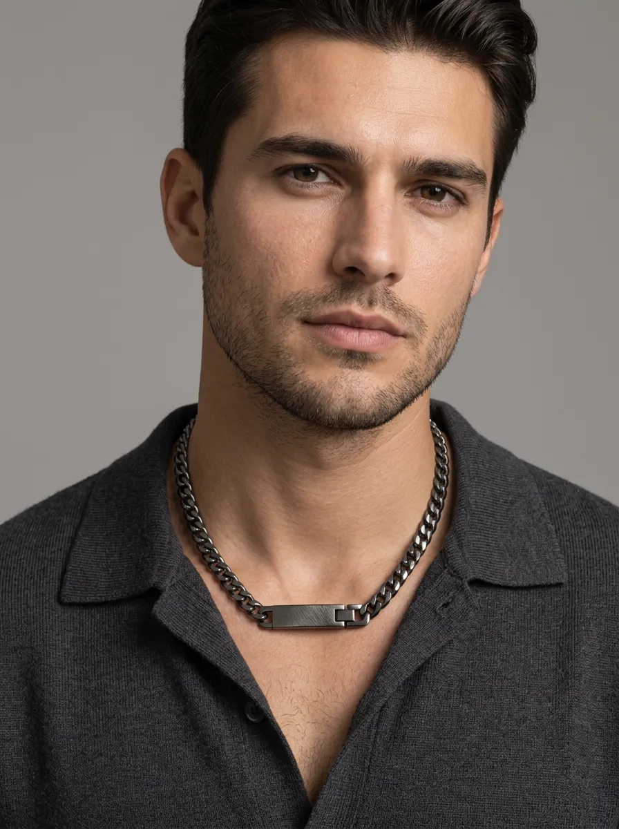 Men's Minimalist Curb Chain ID Bar Necklace