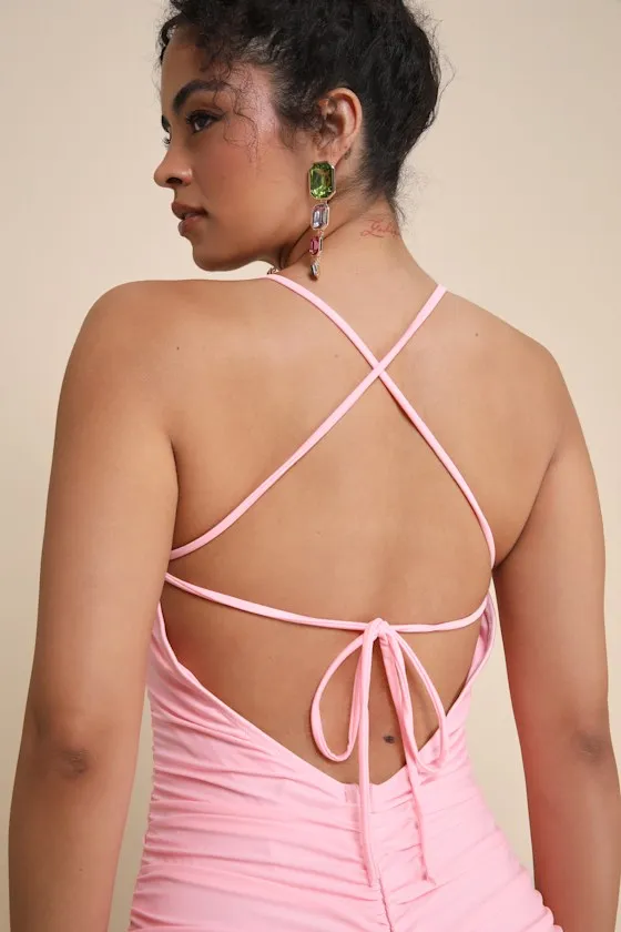 Confident Allure Mint Green Ruched Lace-Up Bodycon Mini Dress