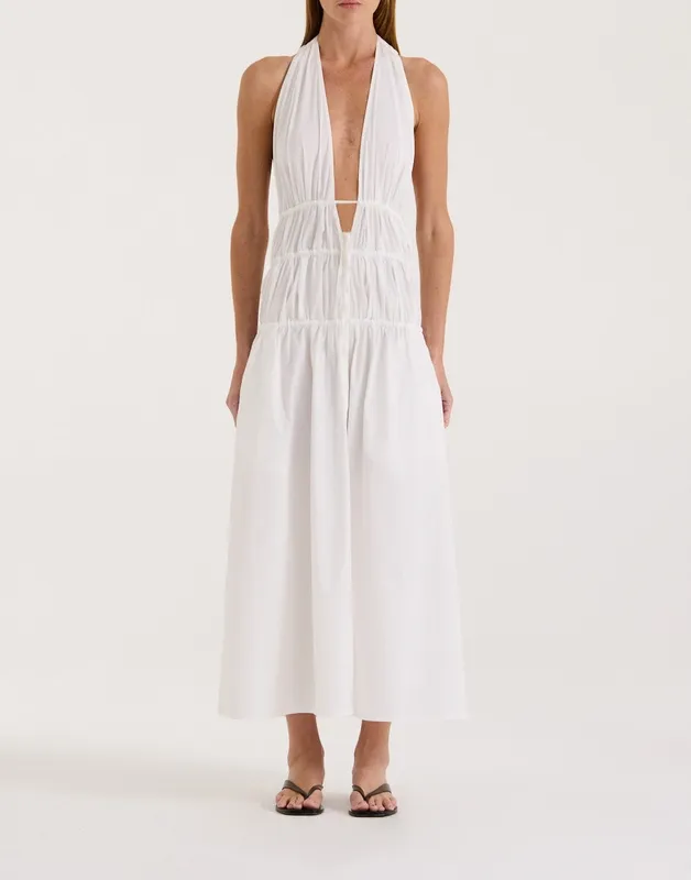 White Shirred Halter Open-Back Dress