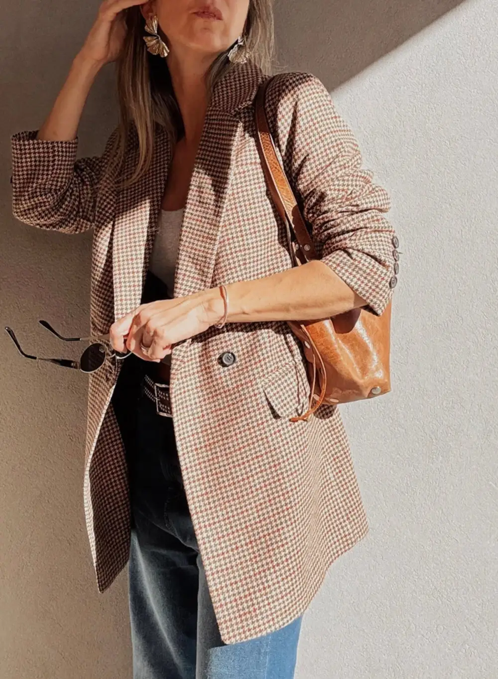 Tailored Houndstooth Double-Breasted Blazer