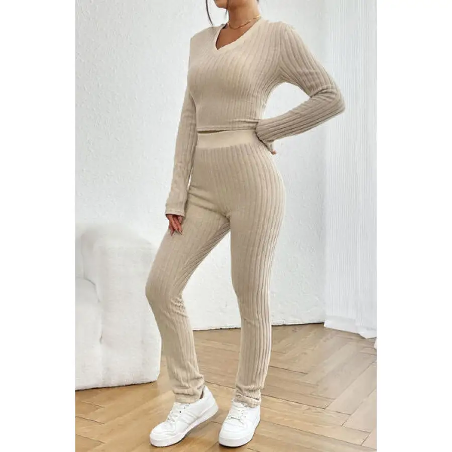 Ribbed V Neck Long Sleeve Cropped Top and Pants Set