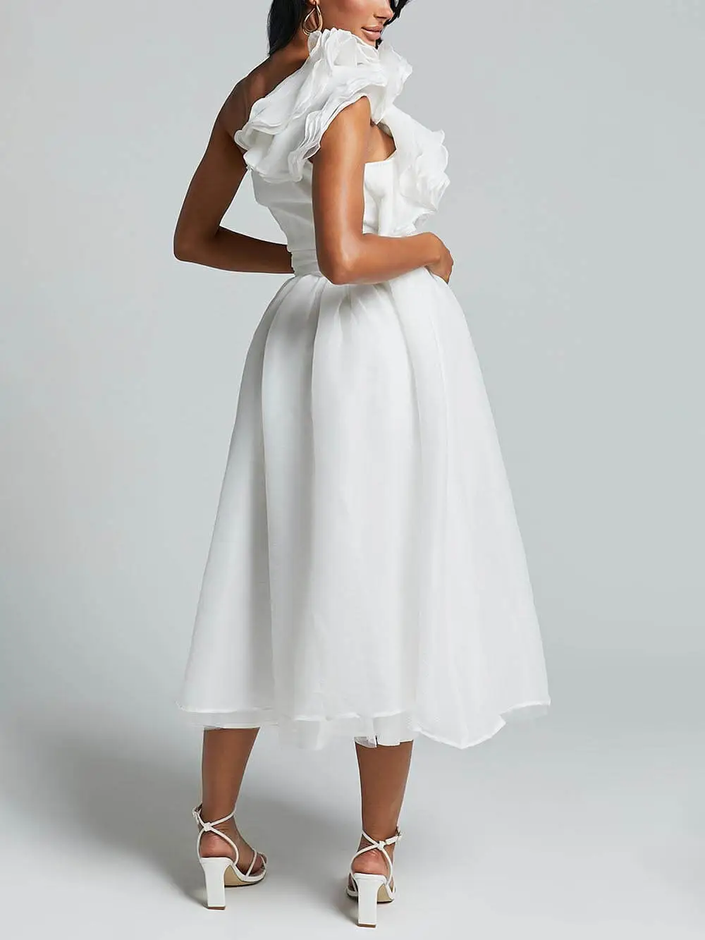 Romantic Seaside One Shoulder Frill Detail Midi Dress