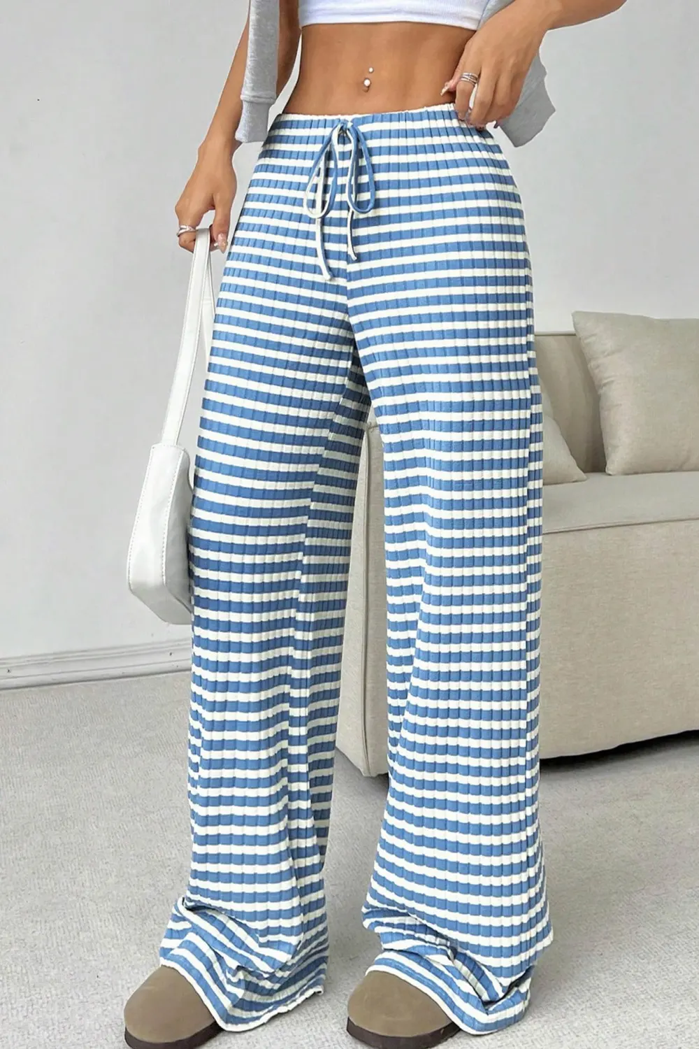 Striped Drawstring Cotton Straight Leg Pants