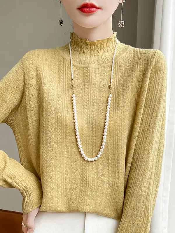 Long Sleeve Relaxed Elasticity Ruffle Trim Mock Neck T-Shirt