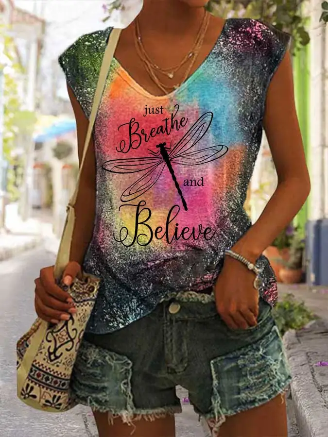 Women's Just Breathe And Believe Dragonfly Dye Tie Dye Print Sleeveless Tank Top
