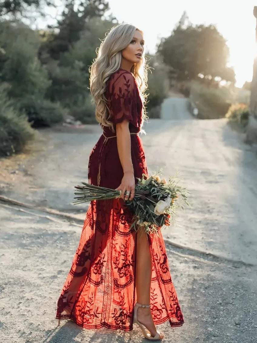 The Tempting Red Sheer Mesh Lace Dress