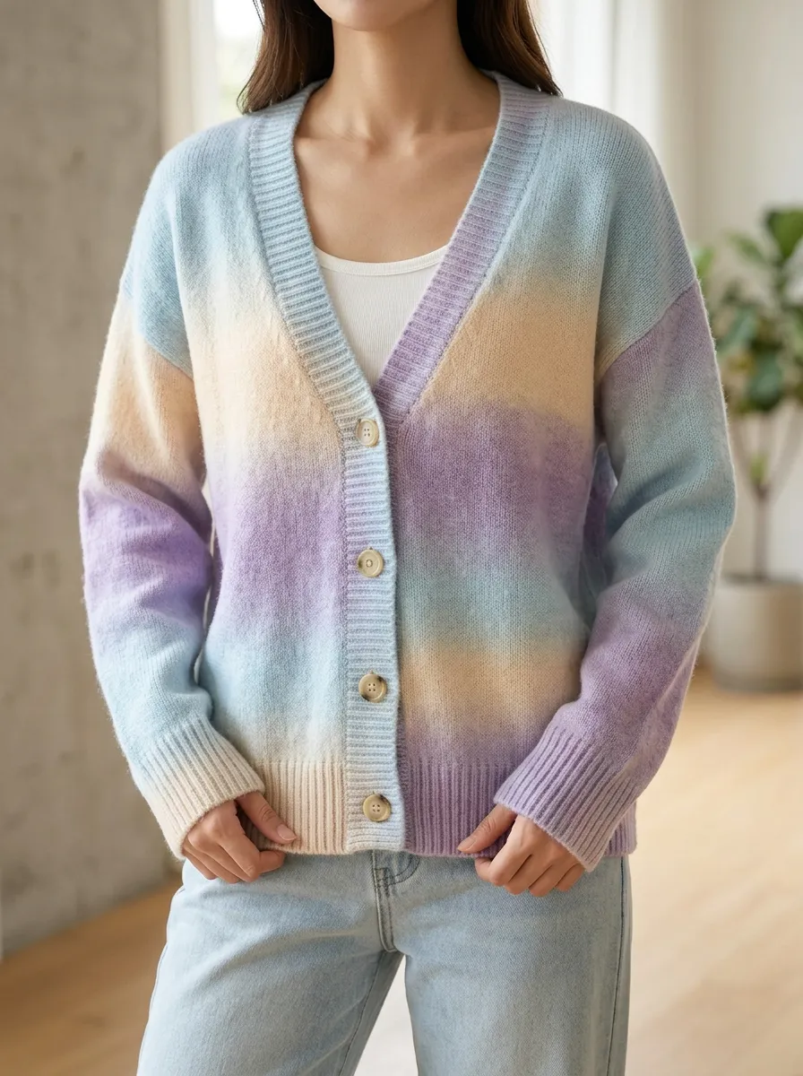 Women's Pastel Ombre Striped V-Neck Buttoned Cardigan