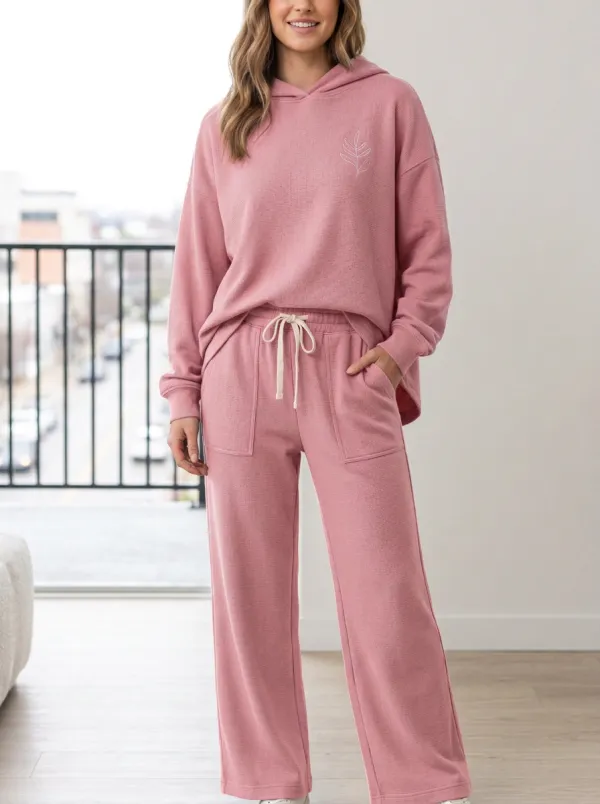 Women's Minimalist Botanical Leaf Printed Waffle Knit Hoodie Lounge Set