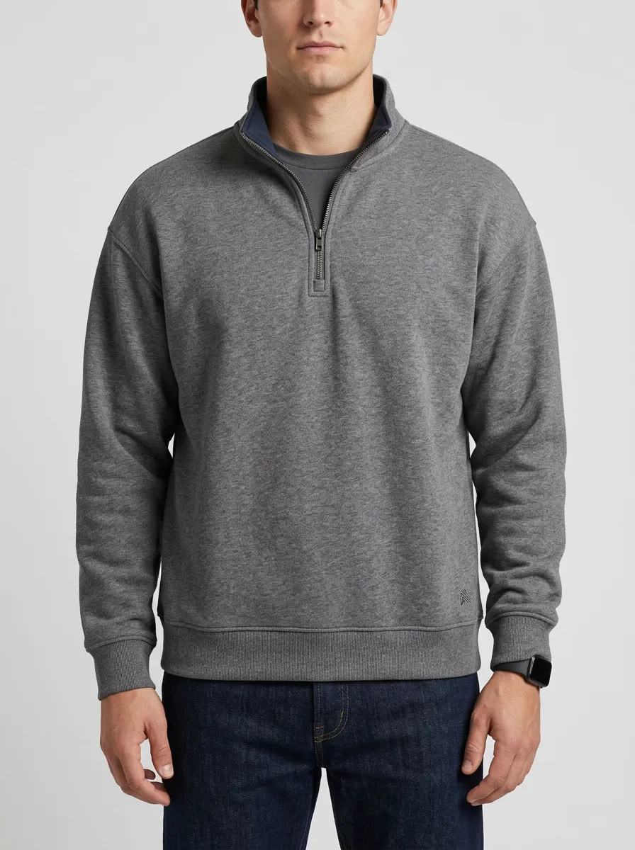 Men's Versatile Minimalist Textured Embroidered Emblem Quarter-Zip Sweatshirt