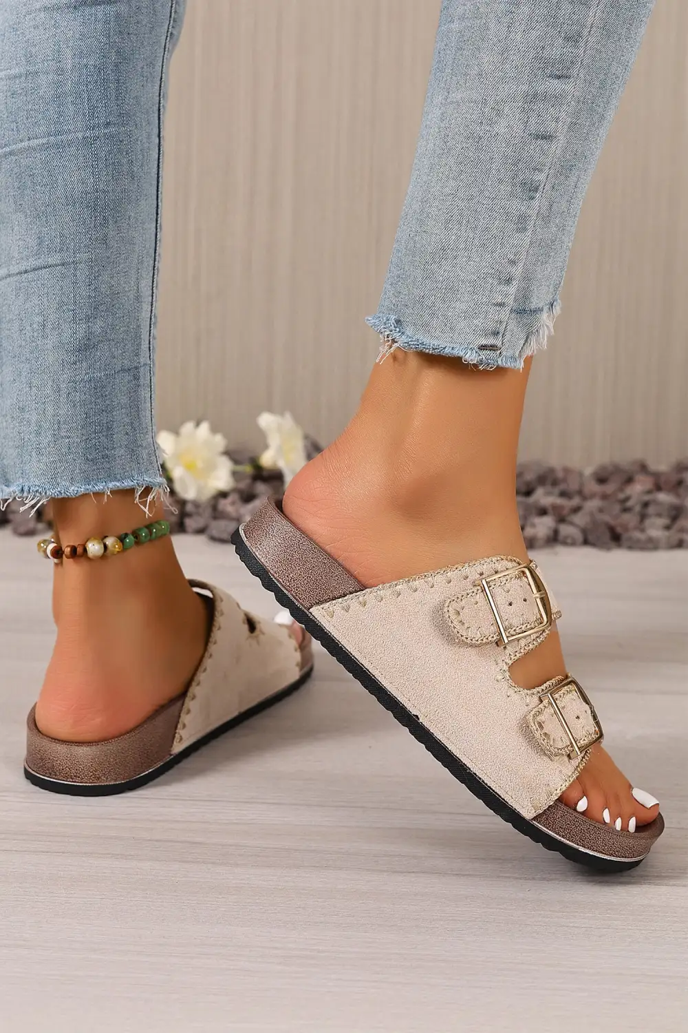 Embroidered Trim Buckle Flat Sandals