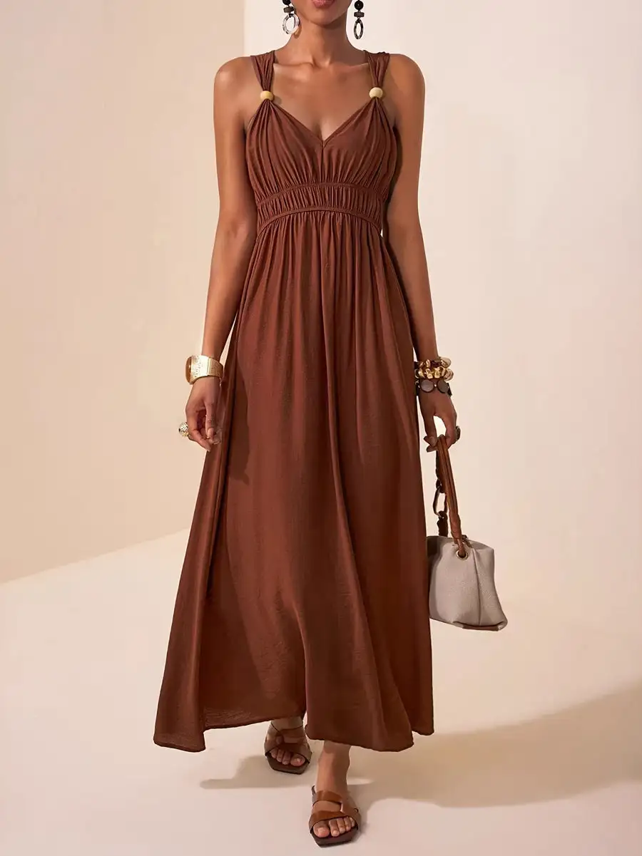 Spaghetti Pleated Neck Maxi Dress