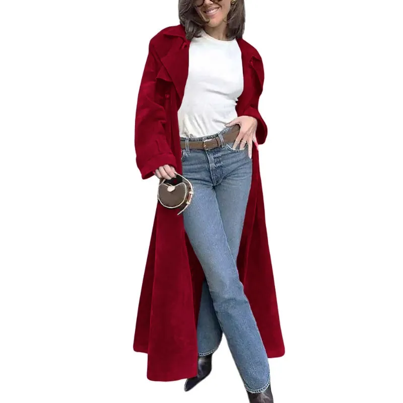 Women's Autumn And Winter Faux Suede Long Trench Coat Notched Lapel Double-Breasted Long Coat With Belt Casual Longline Outerwear Womenswear Jackets