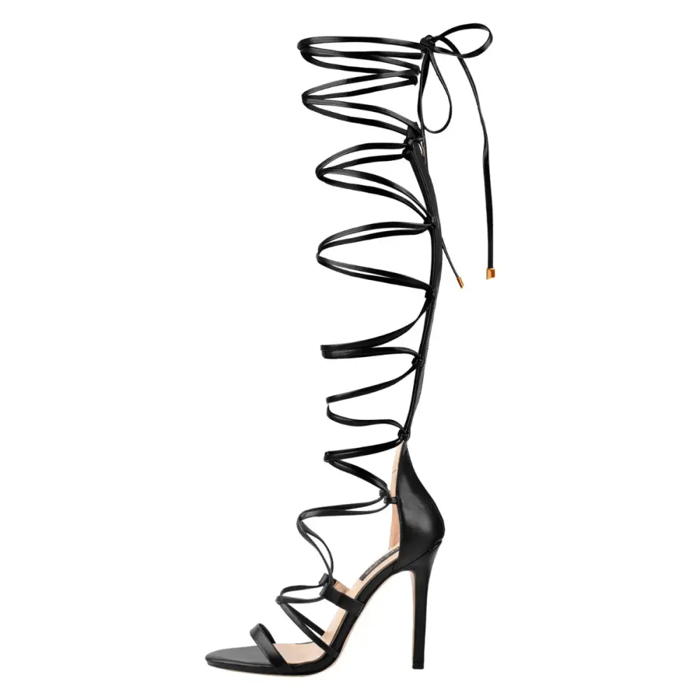 Lace Up Round Toe Strappy Zipper Stiletto Sandals