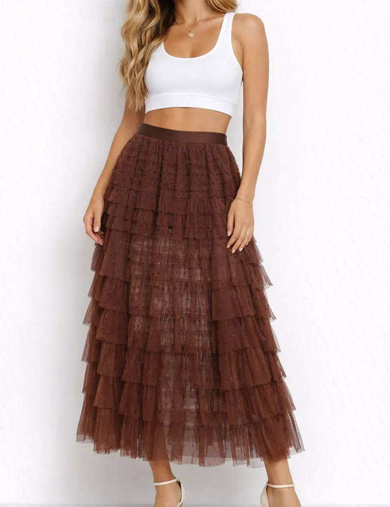 Chic Polka Dot Tiered Ruffle Elastic Waist Midi Skirt