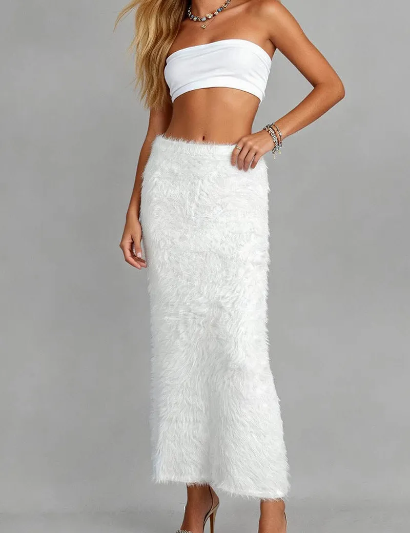 Solid Color Elastic Waist Faux Fur Fuzzy Maxi Skirt