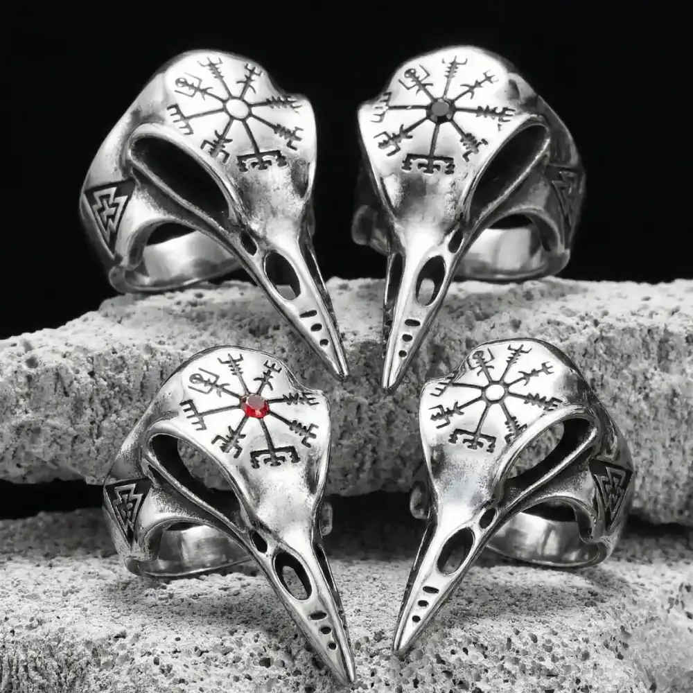 Men's Vegvisir Raven Skull Ring
