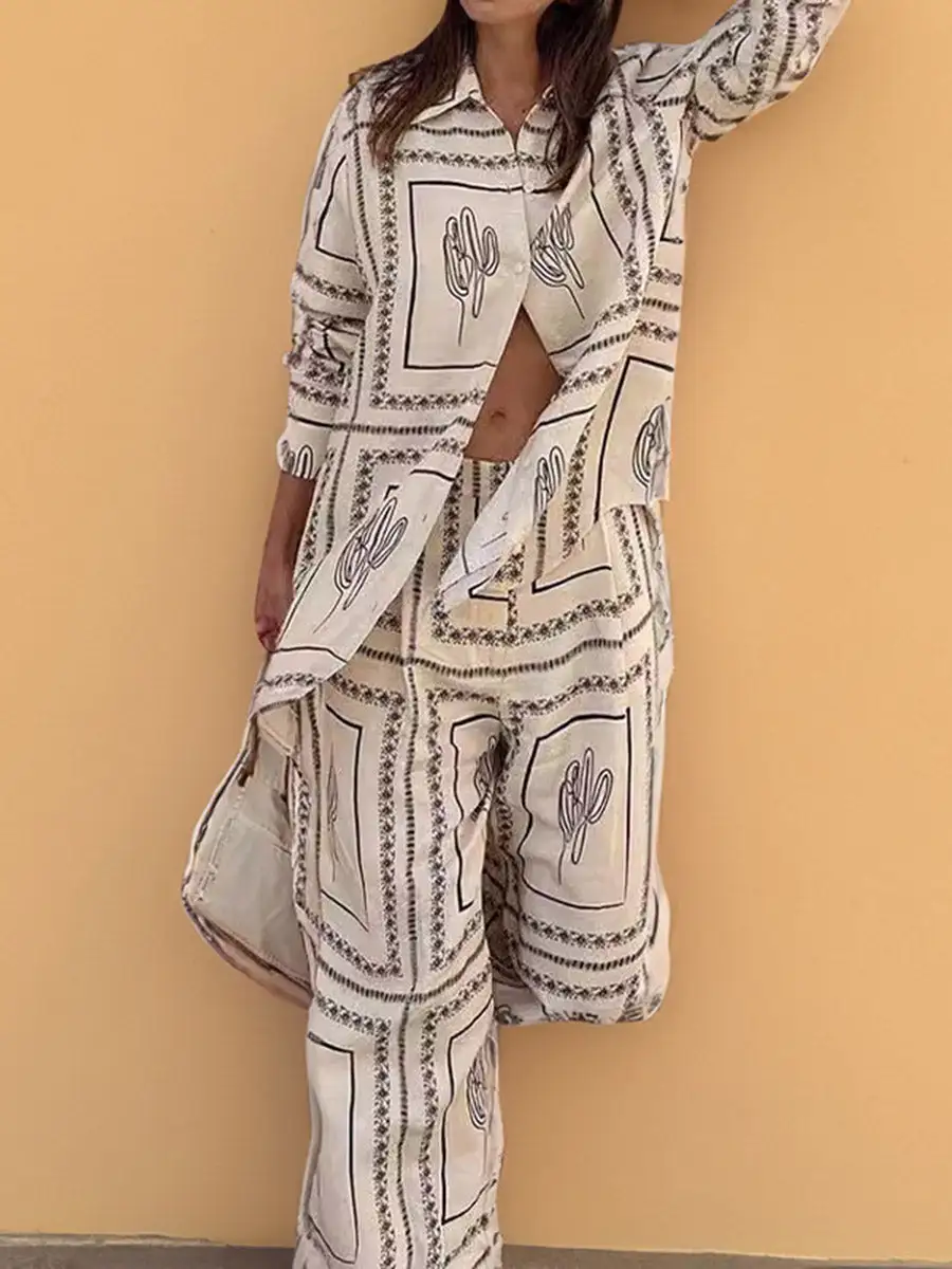 Relaxed Geometric Print Blouse And Pants Set