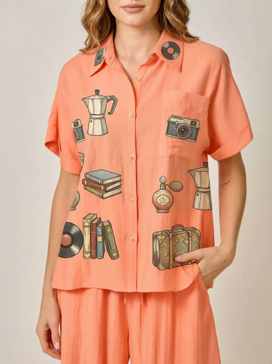 Women's Vintage Aesthetic Books Camera Coffee Printed Shirt